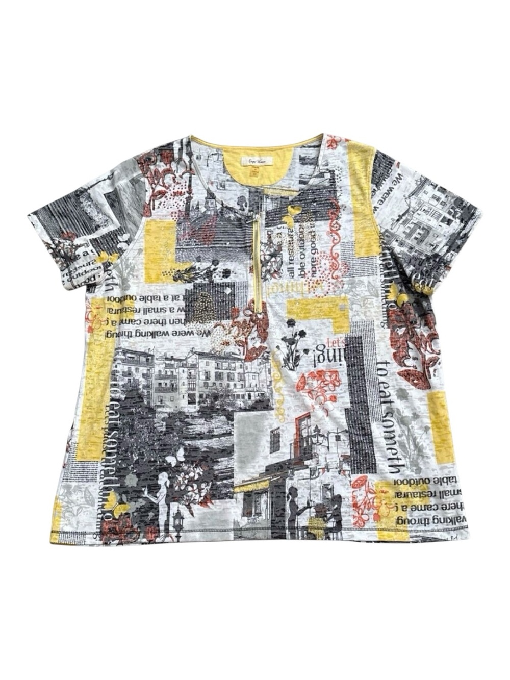 Onque Half Zip Top Womens Plus 2X Embellished Graphic City Print Short Sleeve